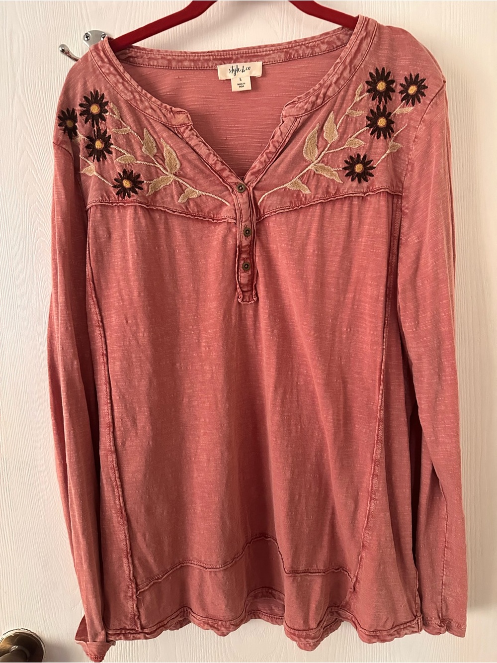 Style & Co. Dusty Rose Long-Sleeve Henley with Floral Embroidery